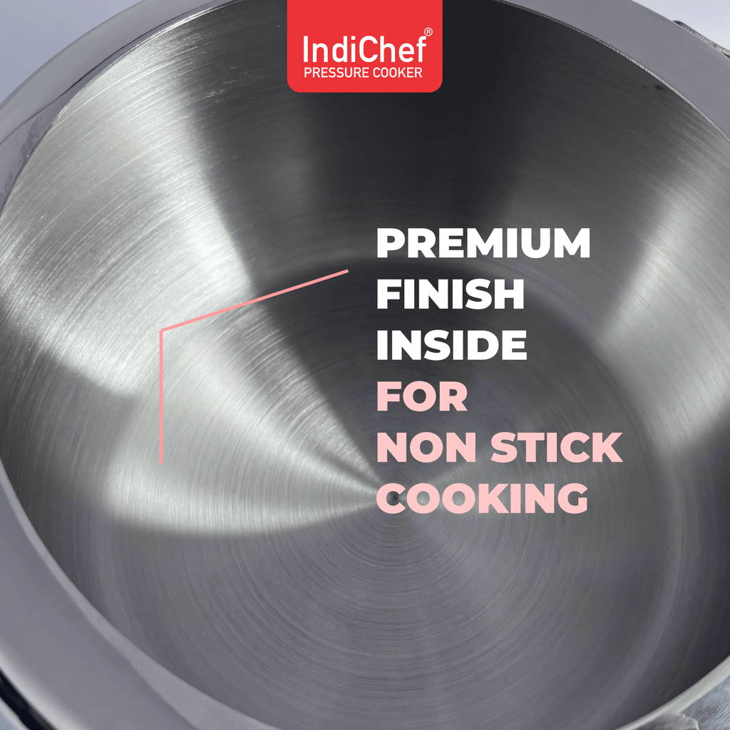 IndiChef Triply Stainless Steel Pressure Cooker, Heavy-Duty Base for Low-Oil, Healthy Cooking | Suitable for Induction & Gas | Durable, Scratch-Resistant Surface | 5 Year warrenty