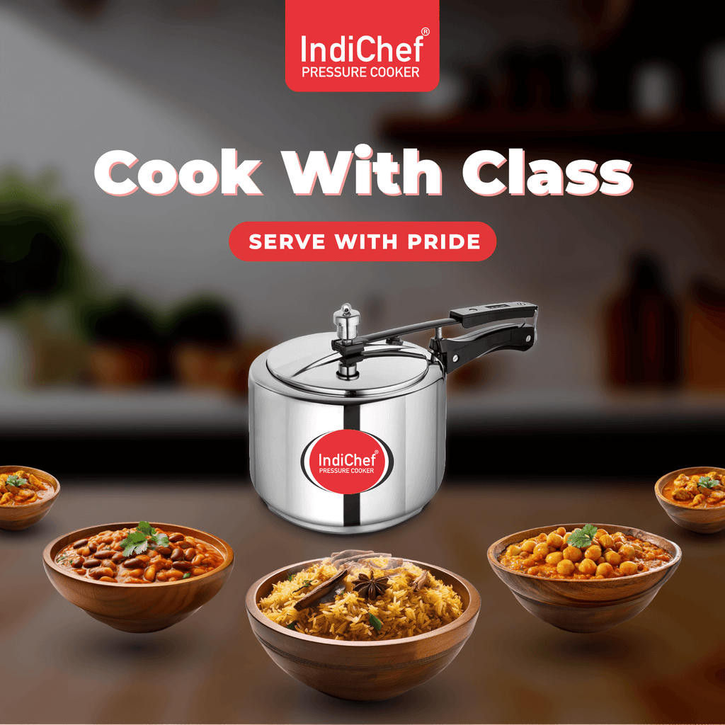 IndiChef Triply Stainless Steel Pressure Cooker, Heavy-Duty Base for Low-Oil, Healthy Cooking | Suitable for Induction & Gas | Durable, Scratch-Resistant Surface | 5 Year warrenty