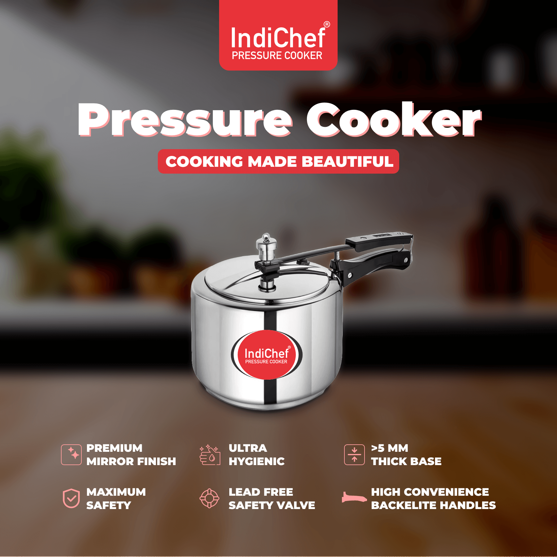 IndiChef Triply Stainless Steel Pressure Cooker, Heavy-Duty Base for Low-Oil, Healthy Cooking | Suitable for Induction & Gas | Durable, Scratch-Resistant Surface | 5 Year warrenty