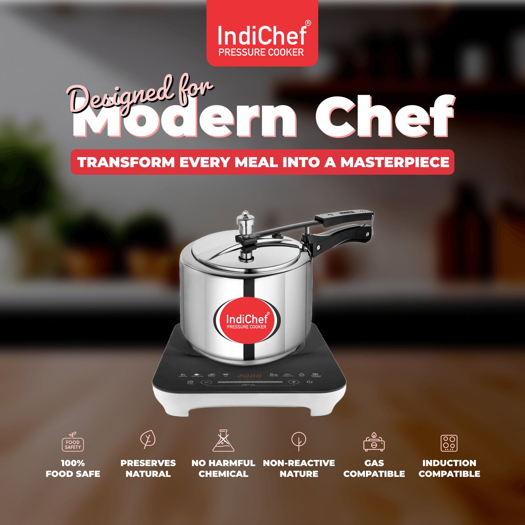 IndiChef Triply Stainless Steel Pressure Cooker, Heavy-Duty Base for Low-Oil, Healthy Cooking | Suitable for Induction & Gas | Durable, Scratch-Resistant Surface | 5 Year warrenty