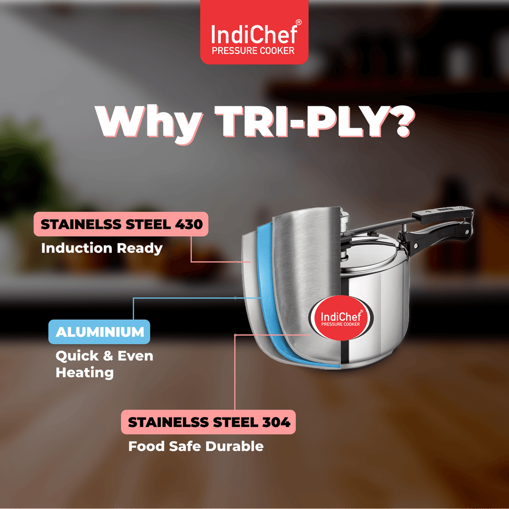 IndiChef Triply Stainless Steel Pressure Cooker, Heavy-Duty Base for Low-Oil, Healthy Cooking | Suitable for Induction & Gas | Durable, Scratch-Resistant Surface | 5 Year warrenty
