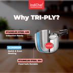 IndiChef Triply Stainless Steel Pressure Cooker, Heavy-Duty Base for Low-Oil, Healthy Cooking | Suitable for Induction & Gas | Durable, Scratch-Resistant Surface | 5 Year warrenty