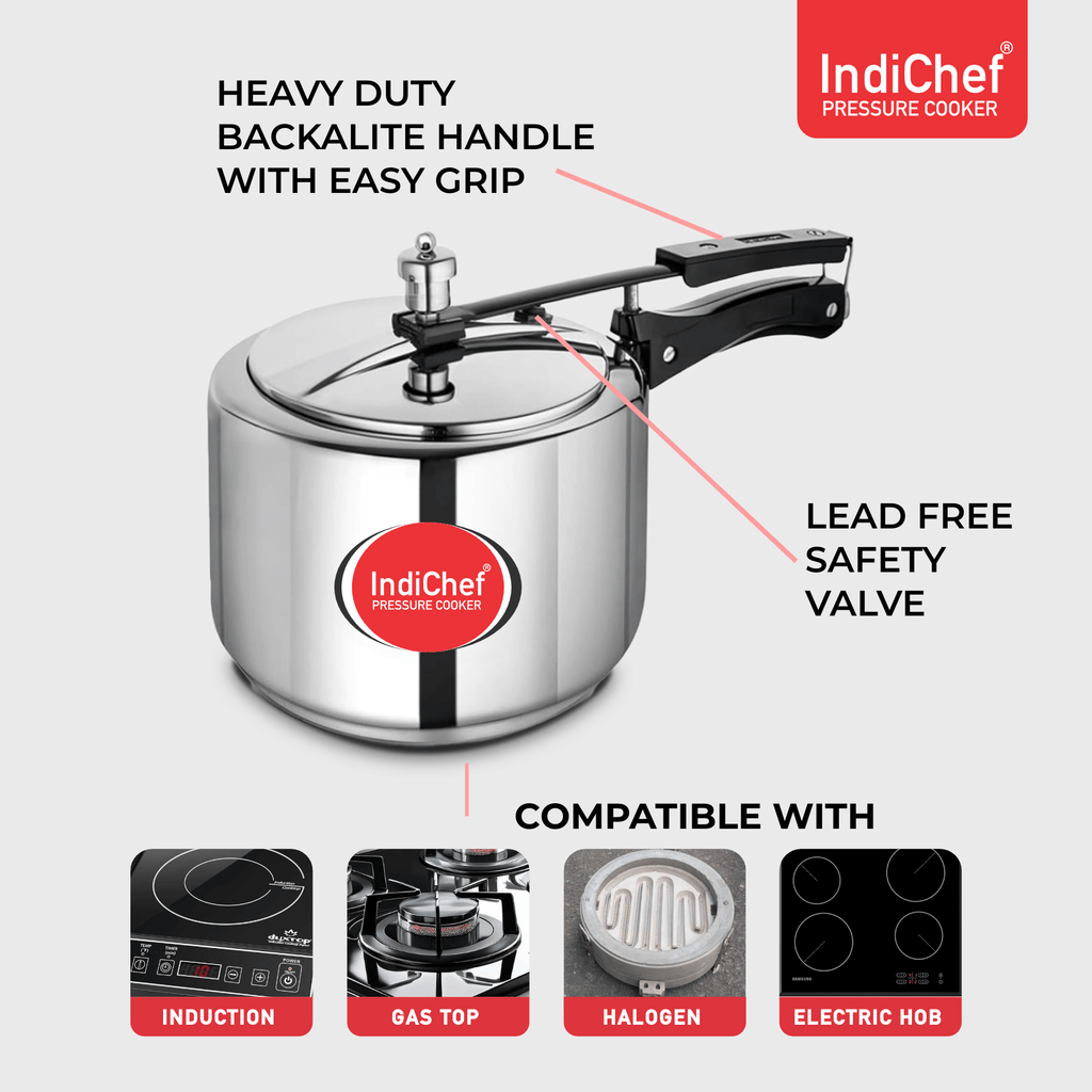 IndiChef Triply Stainless Steel Pressure Cooker, Heavy-Duty Base for Low-Oil, Healthy Cooking | Suitable for Induction & Gas | Durable, Scratch-Resistant Surface | 5 Year warrenty