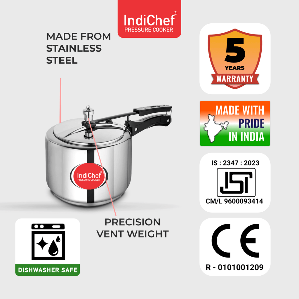 IndiChef Triply Stainless Steel Pressure Cooker, Heavy-Duty Base for Low-Oil, Healthy Cooking | Suitable for Induction & Gas | Durable, Scratch-Resistant Surface | 5 Year warrenty