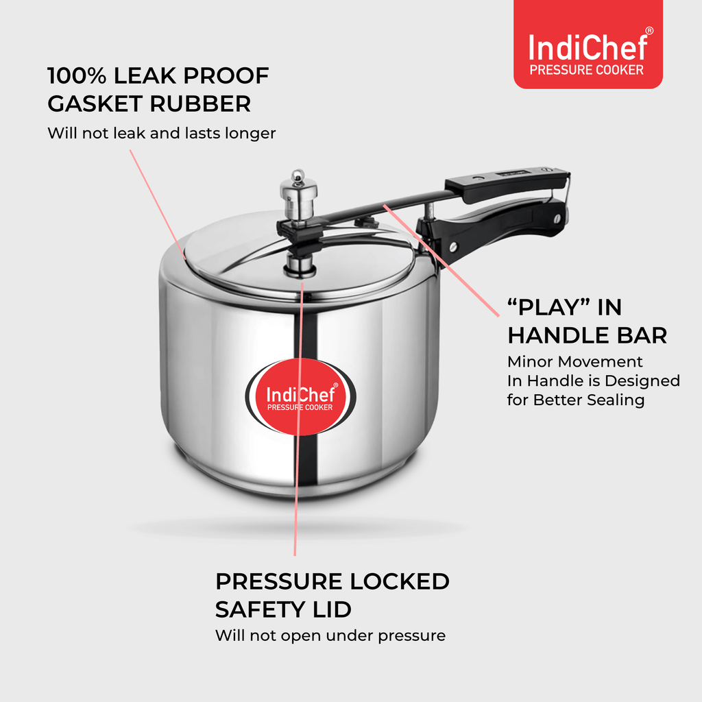 IndiChef Triply Stainless Steel Pressure Cooker, Heavy-Duty Base for Low-Oil, Healthy Cooking | Suitable for Induction & Gas | Durable, Scratch-Resistant Surface | 5 Year warrenty