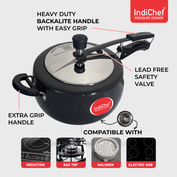 IndiChef Handi Hard Anodised Curve Pressure Cooker, Aluminium Gas, Inner Lid Design, 3.25 mm Thick Base - Image 8