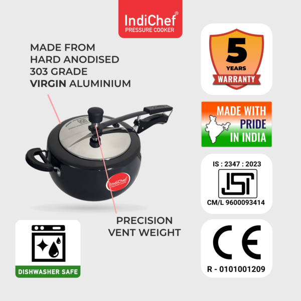 IndiChef Handi Hard Anodised Curve Pressure Cooker, Aluminium Gas, Inner Lid Design, 3.25 mm Thick Base - Image 9